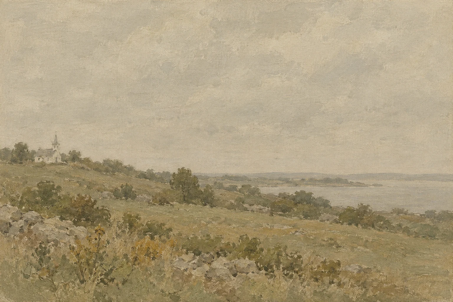 A white clapboard church on a rise in stone, taupe, olive, sand; landscape artwork.