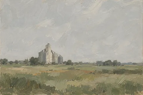 A grain silo against flat sky in stone, sage, taupe, olive; landscape artwork.