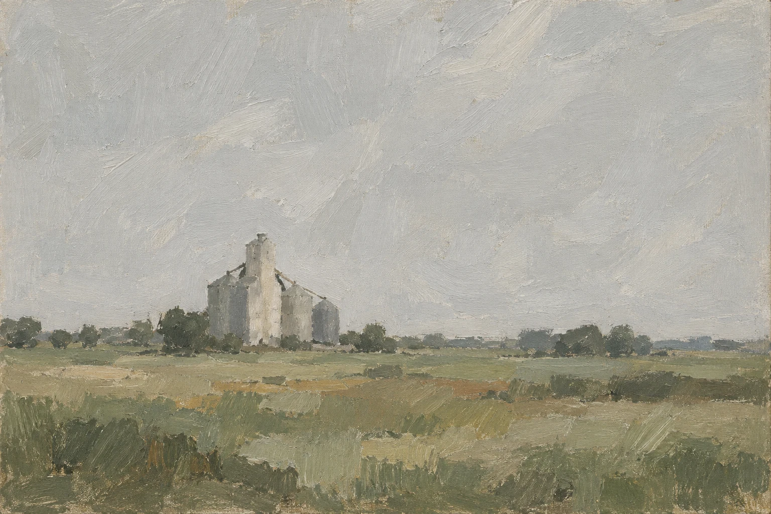 A grain silo against flat sky in stone, sage, taupe, olive; landscape artwork.