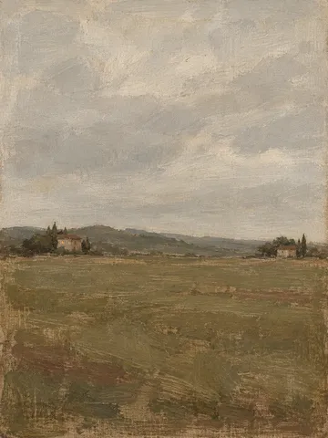 A farmhouse with one lit window in olive, stone, sand, brown; portrait artwork.