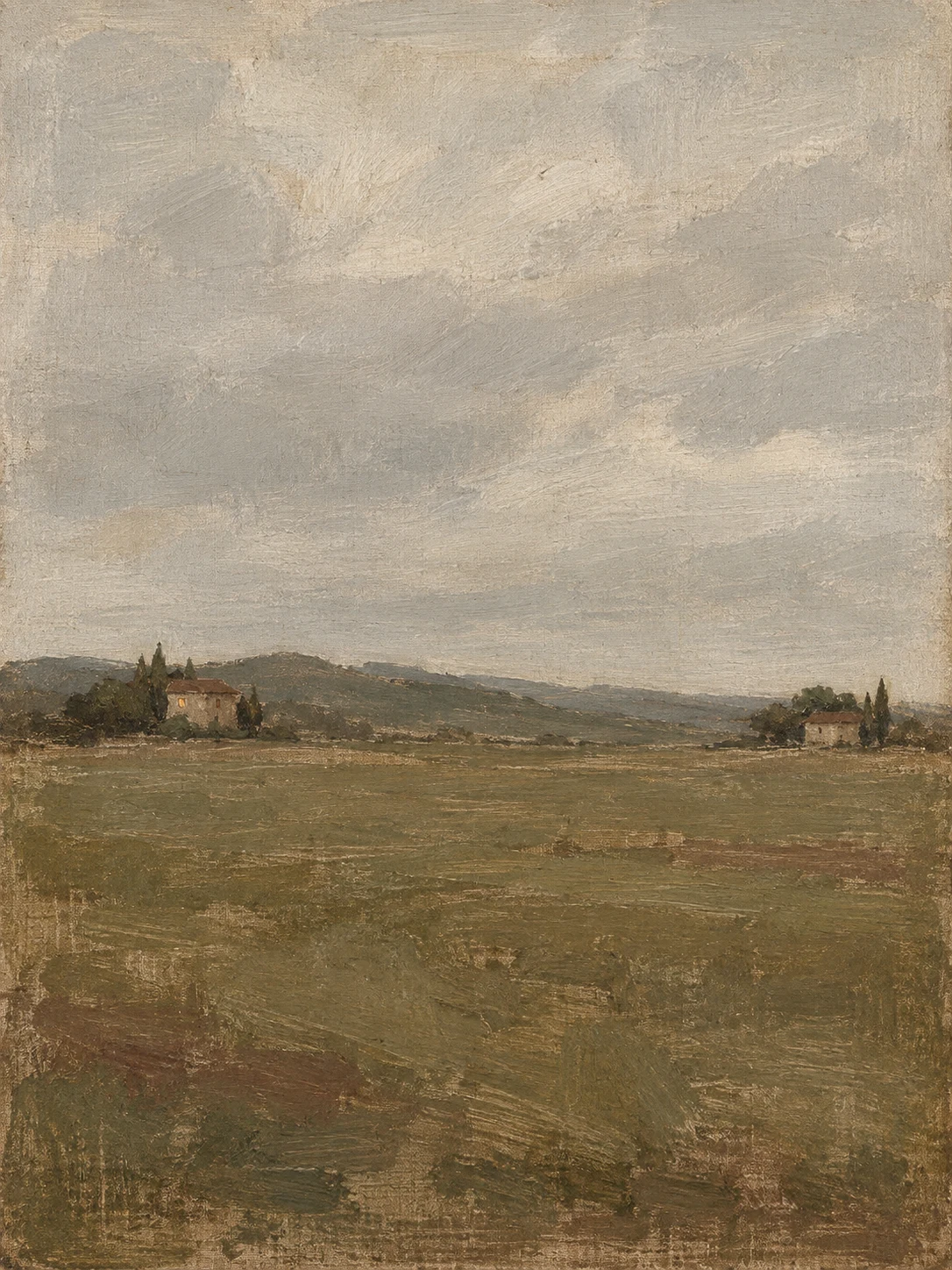 A farmhouse with one lit window in olive, stone, sand, brown; portrait artwork.