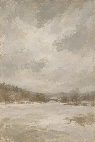 A covered bridge in winter in stone, sand, gray, taupe; portrait artwork.