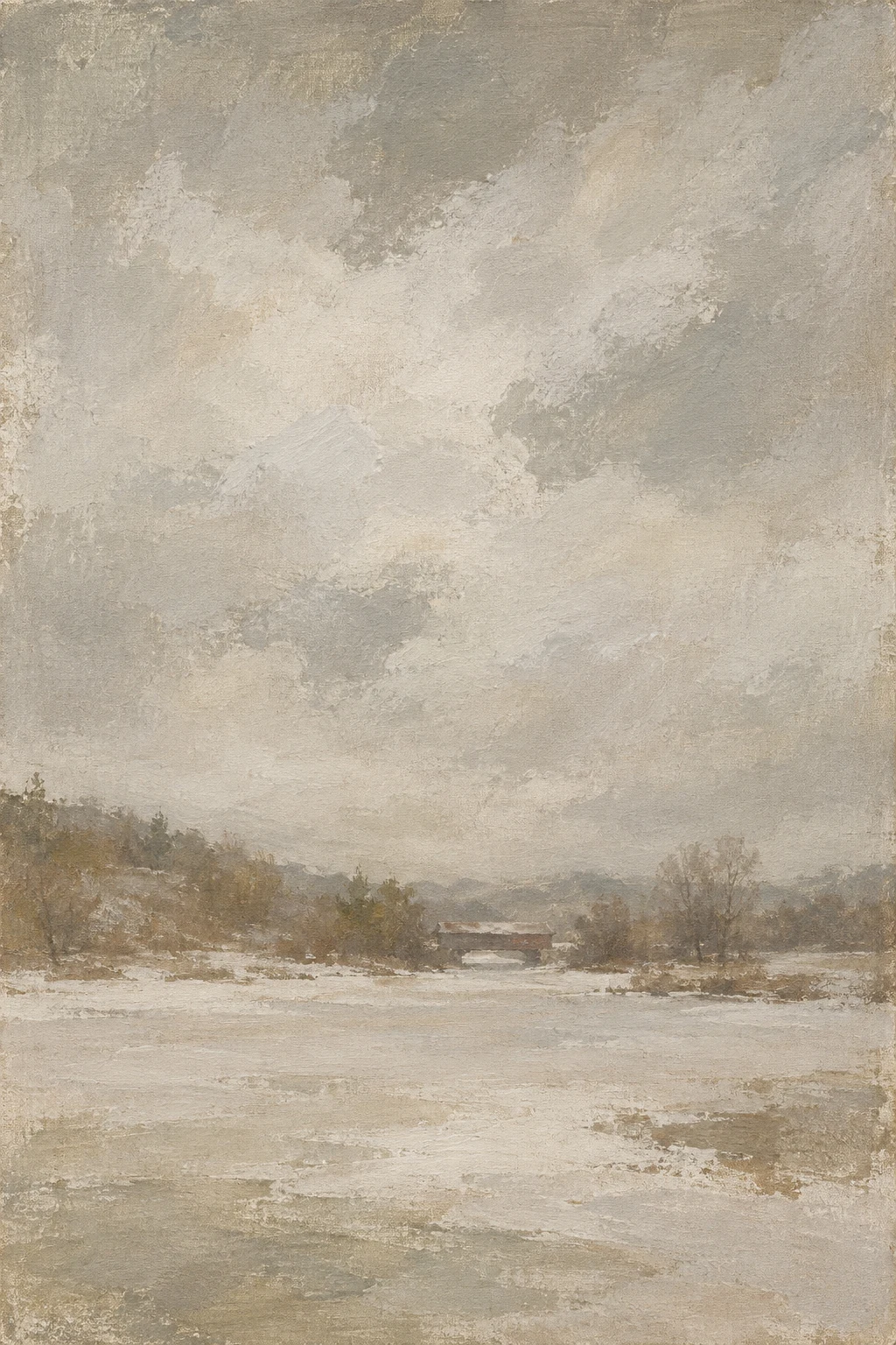A covered bridge in winter in stone, sand, gray, taupe; portrait artwork.