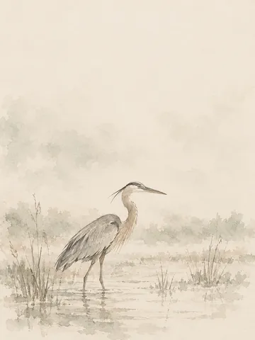 A heron standing in shallow water in cream, stone; portrait artwork.