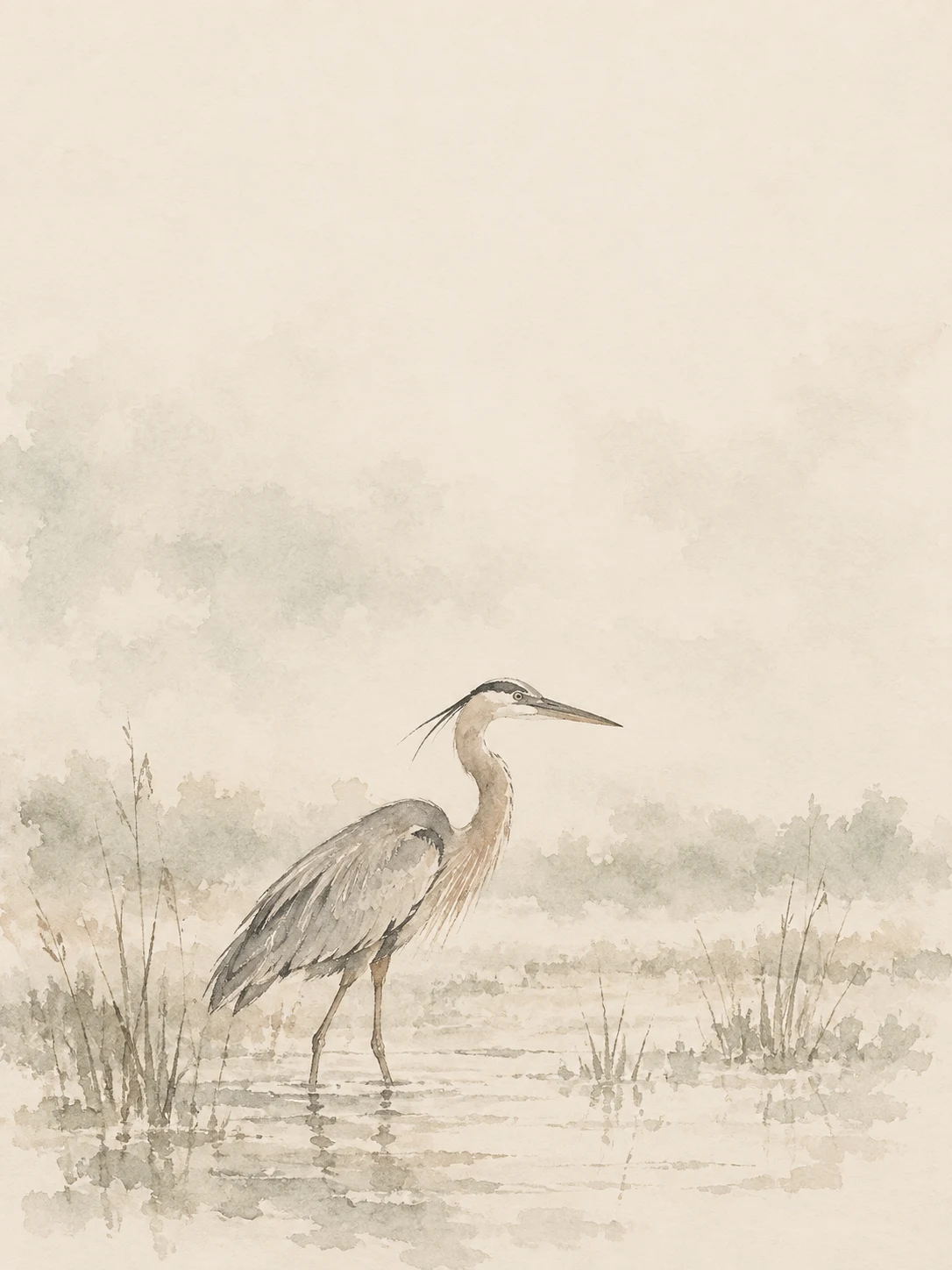A heron standing in shallow water in cream, stone; portrait artwork.