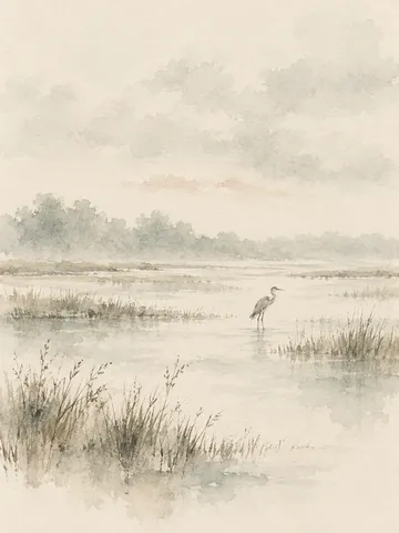 A heron standing in shallow water in cream, stone, sand; portrait artwork.
