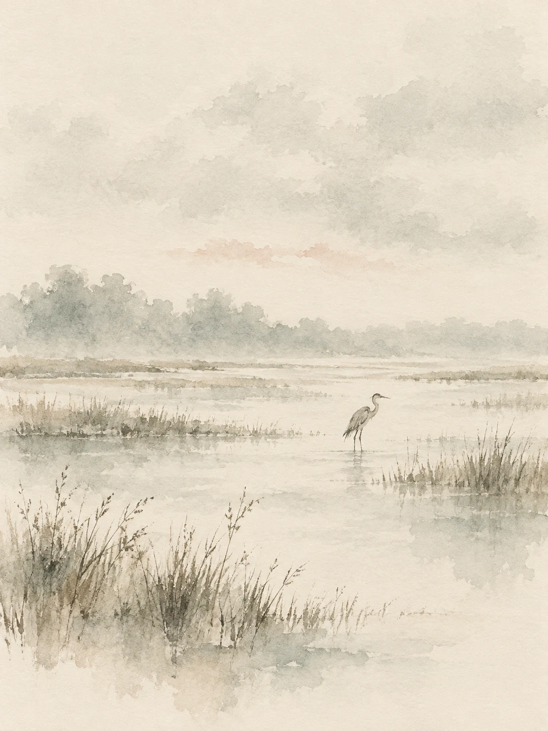 A heron standing in shallow water in cream, stone, sand; portrait artwork.
