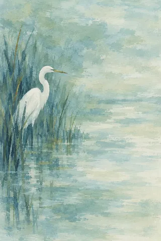 An egret half hidden in reeds in sky blue, cream, stone, gray; portrait artwork.