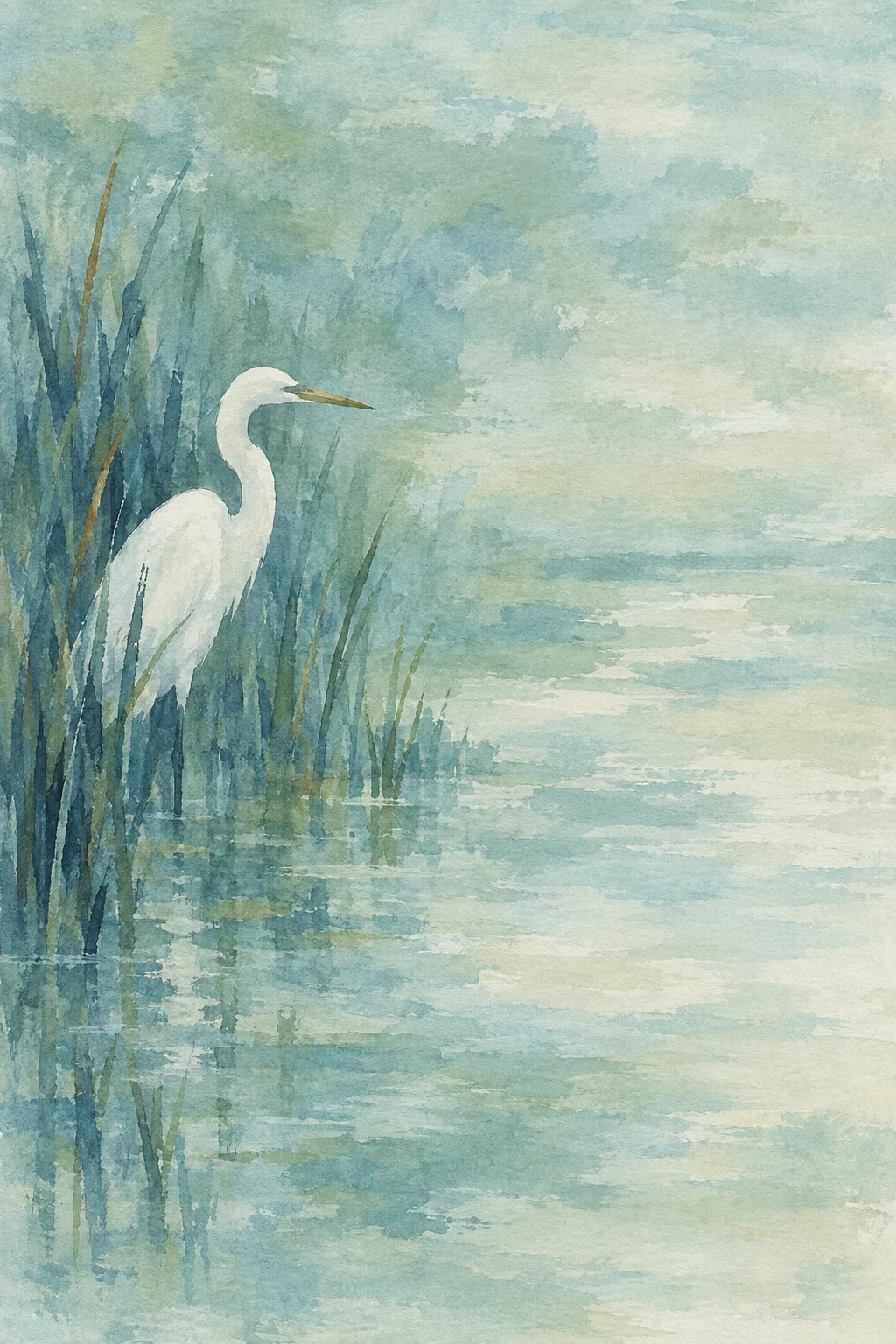 An egret half hidden in reeds in sky blue, cream, stone, gray; portrait artwork.