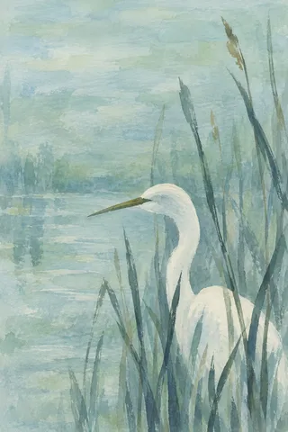 An egret half hidden in reeds in sky blue, gray, cream, taupe; portrait artwork.