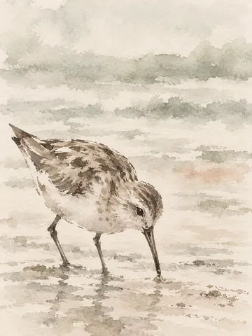 A sandpiper on wet sand in cream, stone, gray; portrait artwork.