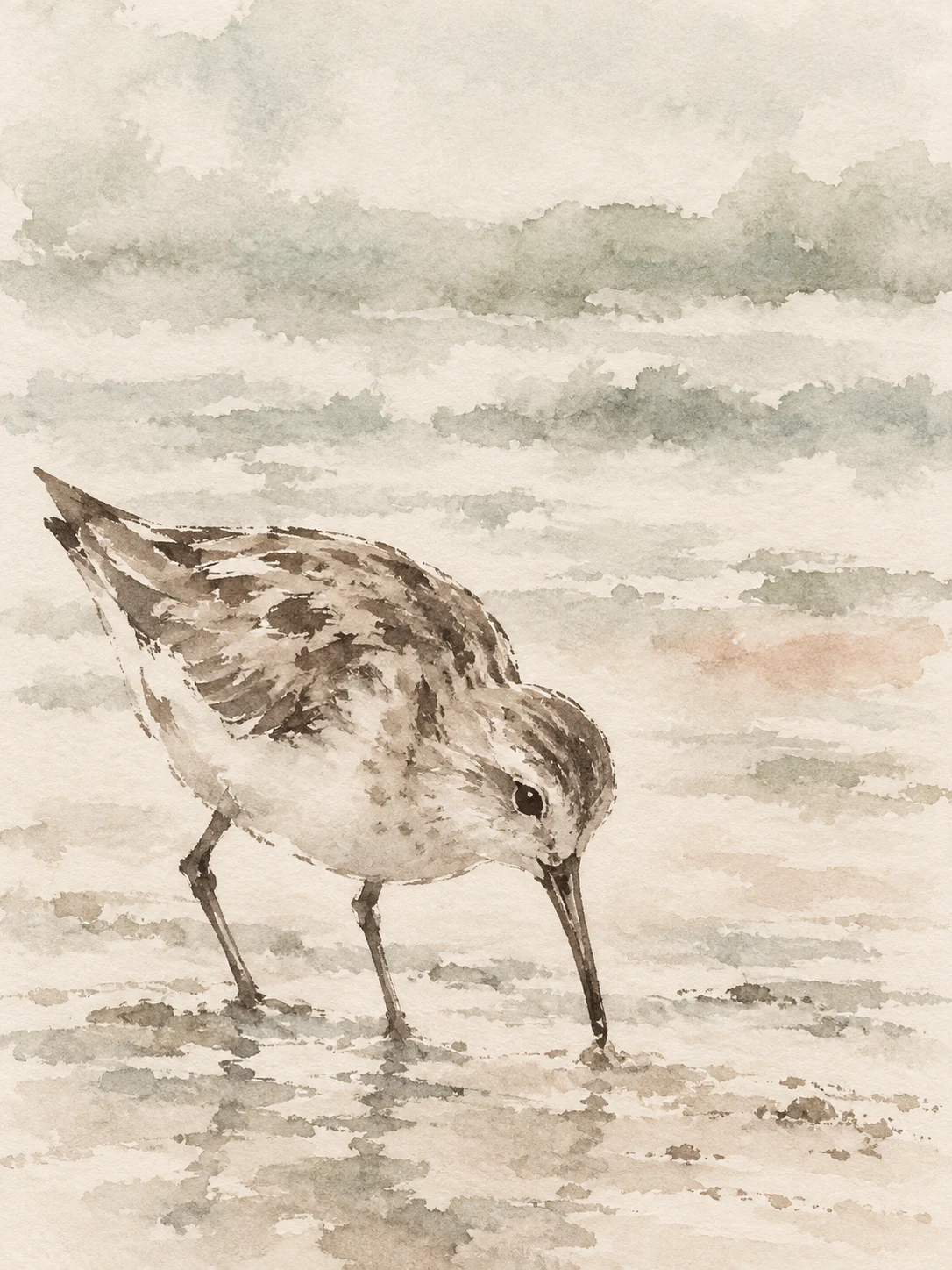 A sandpiper on wet sand in cream, stone, gray; portrait artwork.