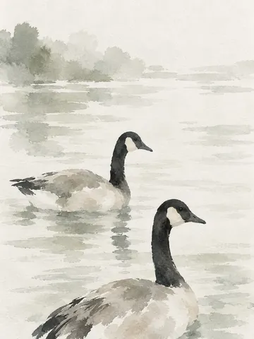 A pair of geese on still water in white, cream, stone, gray; portrait artwork.