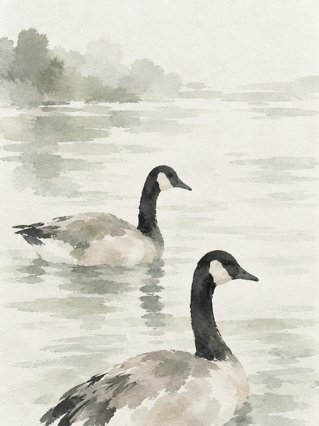 A pair of geese on still water in white, cream, stone, gray; portrait artwork.