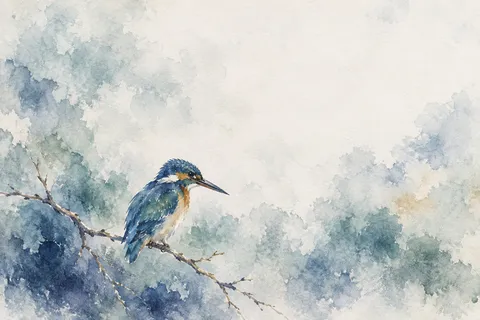 A kingfisher on a bare twig in cream, white, stone, blue; landscape artwork.