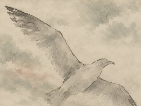 A gull riding wind in stone, sand, cream, gray; landscape artwork.