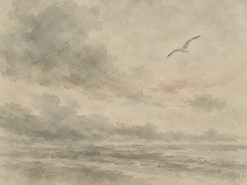 A gull riding wind in stone, sand, sage; landscape artwork.