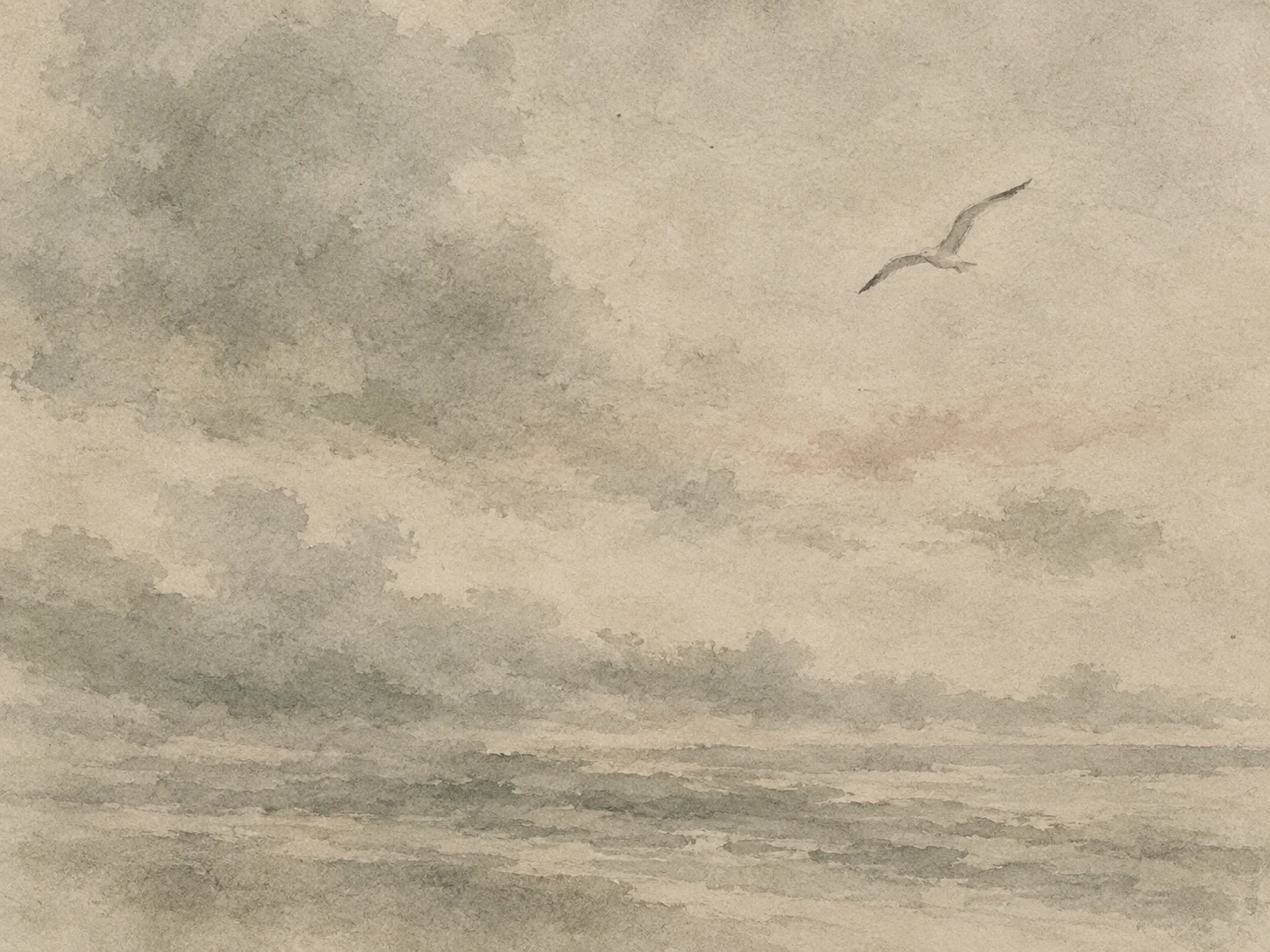 A gull riding wind in stone, sand, sage; landscape artwork.