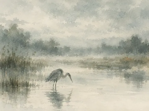 A wading bird reflected in cream, stone, gray; landscape artwork.