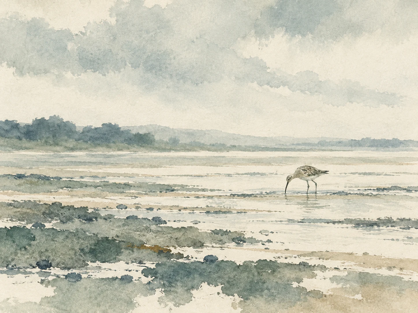 A curlew probing a mudflat in cream, stone, gray; landscape artwork.
