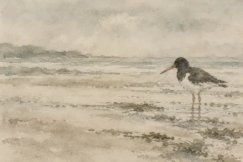 An oystercatcher at the tide line in stone, sand, sage; landscape artwork.