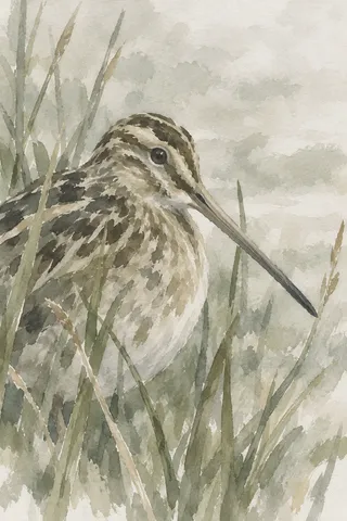 A snipe among low rushes in sage, stone, cream, sand; portrait artwork.