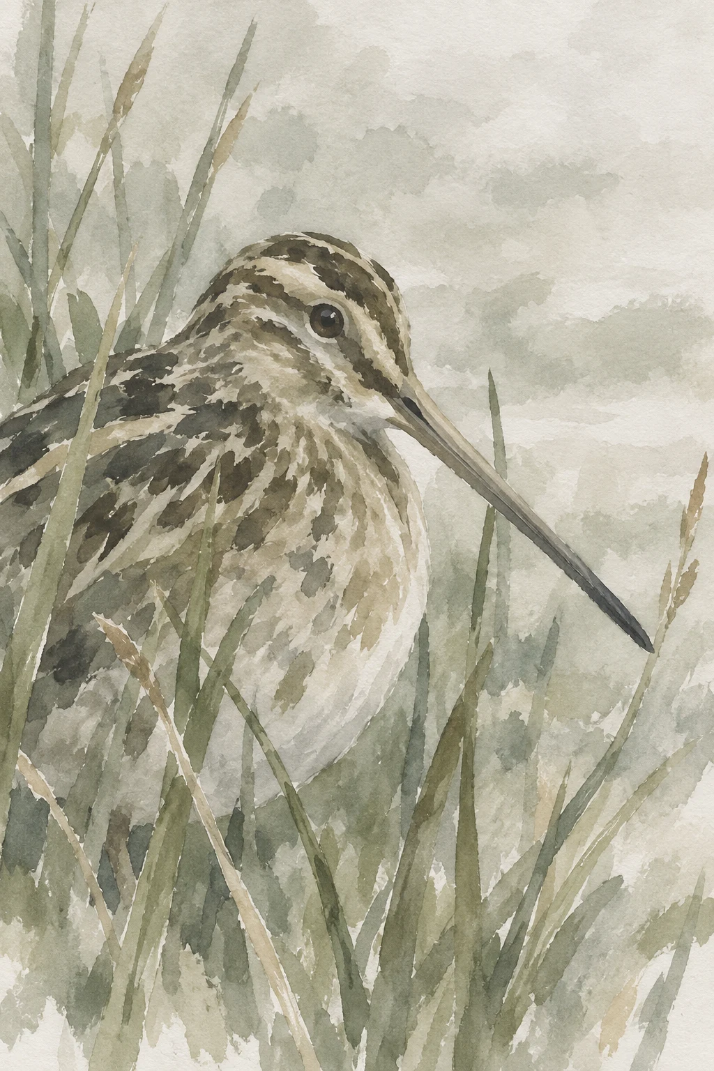 A snipe among low rushes in sage, stone, cream, sand; portrait artwork.