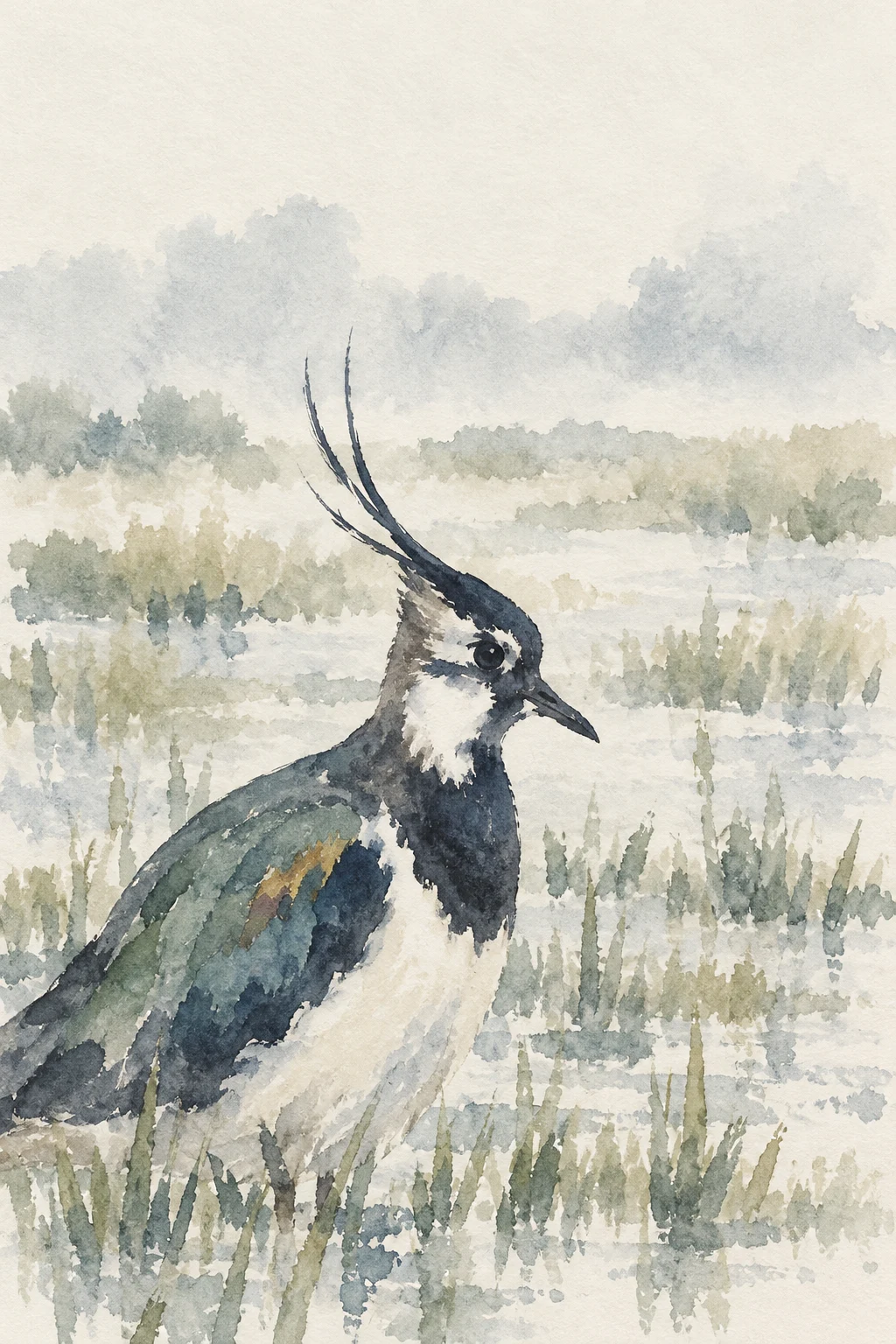 A lapwing on flooded grass in cream, white, stone, gray; portrait artwork.