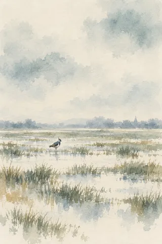 A lapwing on flooded grass in cream, stone, gray; portrait artwork.