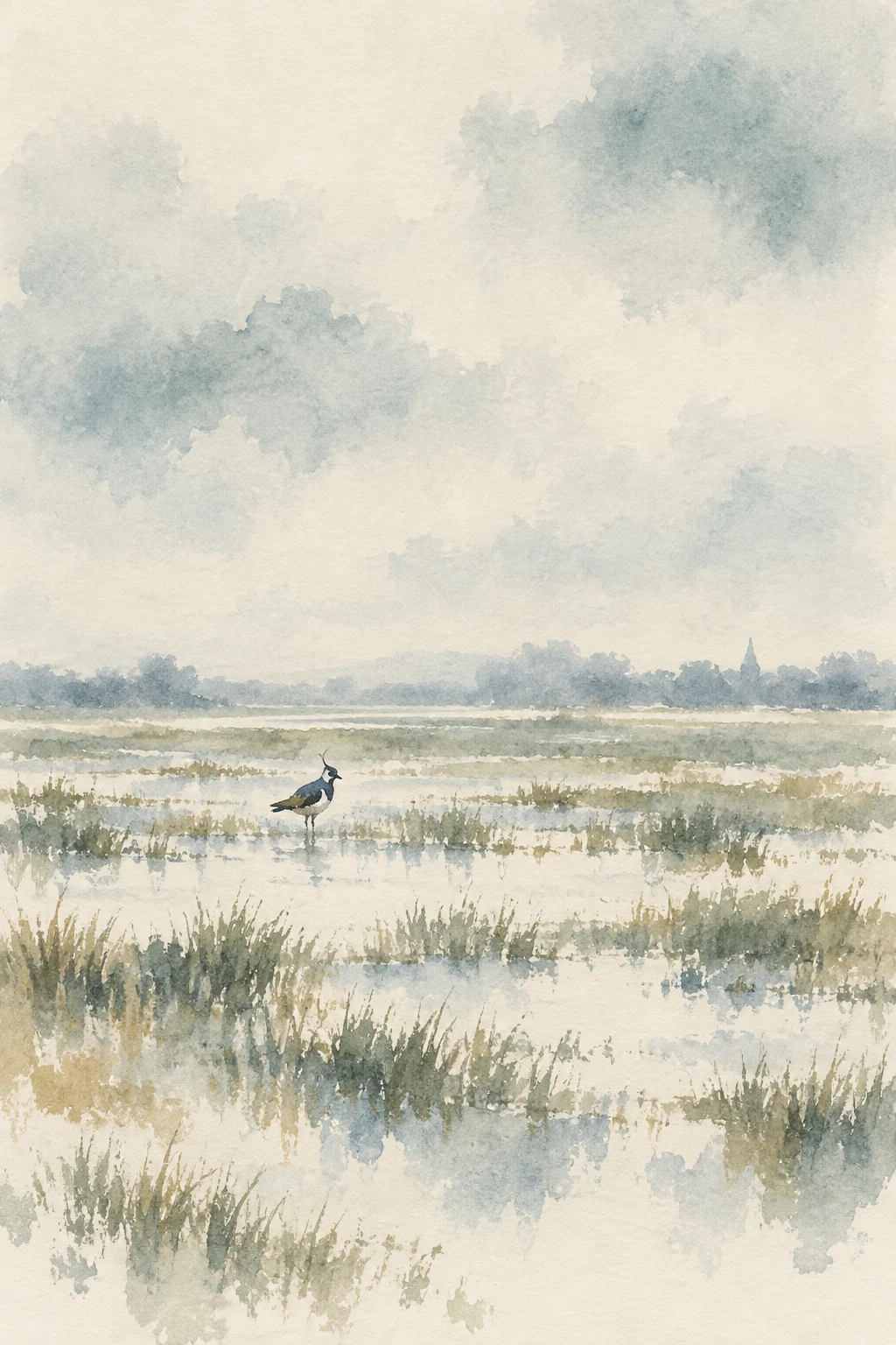 A lapwing on flooded grass in cream, stone, gray; portrait artwork.