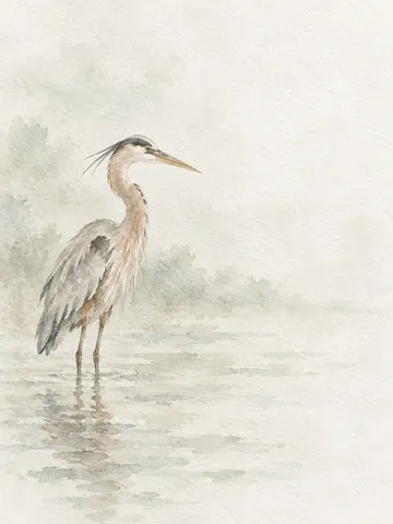 A heron standing in shallow water in white, cream, stone; portrait artwork.