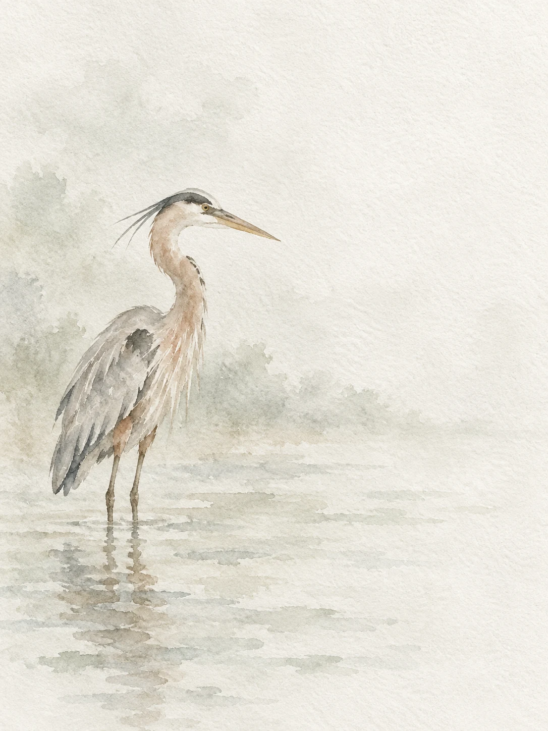 A heron standing in shallow water in white, cream, stone; portrait artwork.