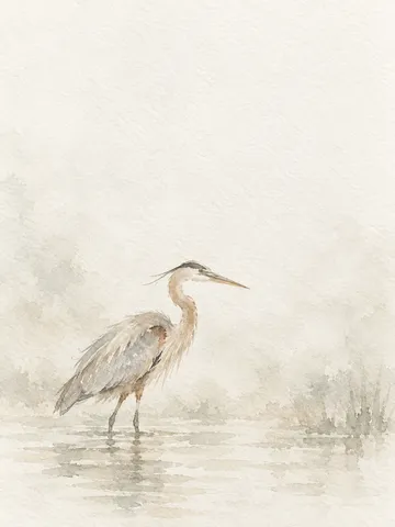 A heron standing in shallow water in white, cream, stone; portrait artwork.
