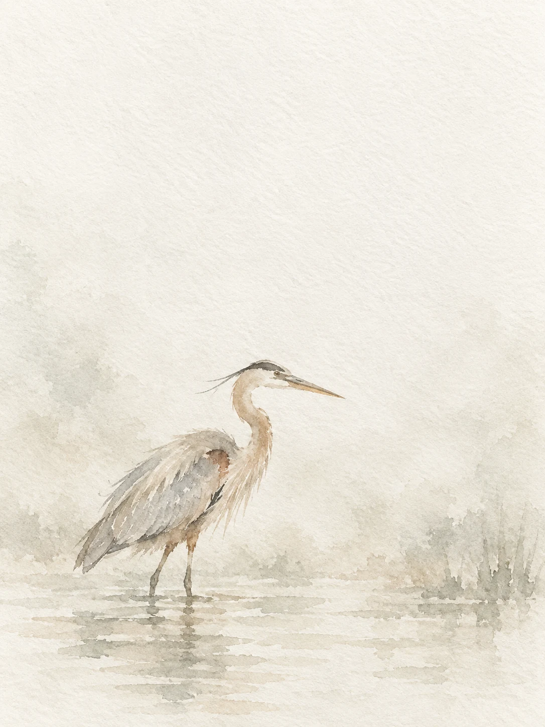 A heron standing in shallow water in white, cream, stone; portrait artwork.
