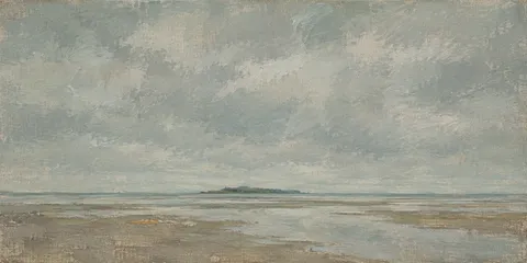 A tide flat at slack water in gray, stone, taupe; panoramic artwork.