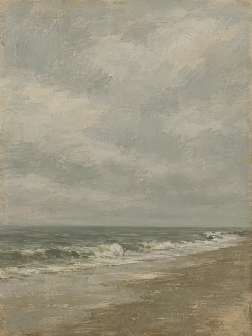 Surf collapsing on an empty beach in gray, sand, taupe, stone; portrait artwork.