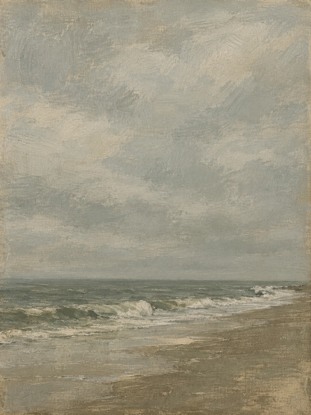 Surf collapsing on an empty beach in gray, sand, taupe, stone; portrait artwork.