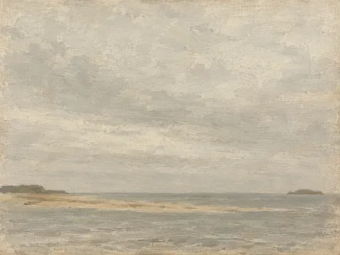 A bar of sand cutting a gray sea in stone, cream, sand, gray; landscape artwork.