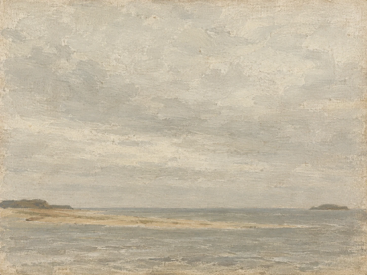 A bar of sand cutting a gray sea in stone, cream, sand, gray; landscape artwork.