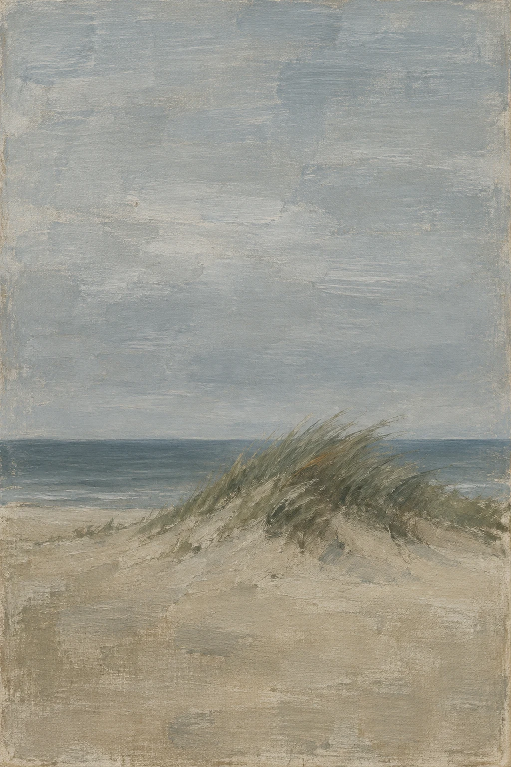 Dune grass bending under wind in gray, stone; portrait artwork.