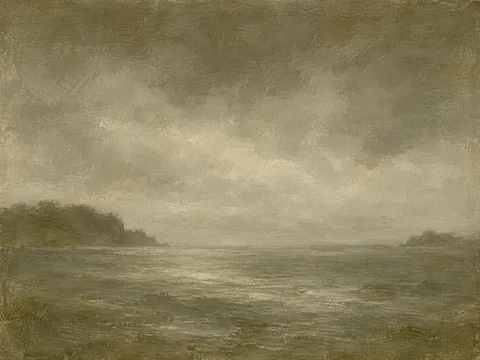 A headland half lost in haze in olive, sand, taupe, sage; landscape artwork.