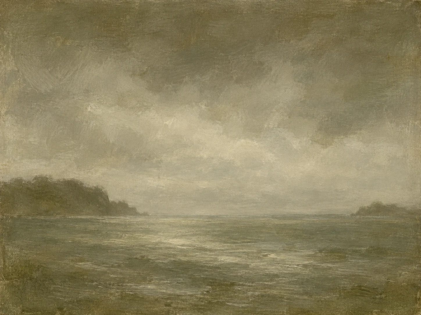 A headland half lost in haze in olive, sand, taupe, sage; landscape artwork.