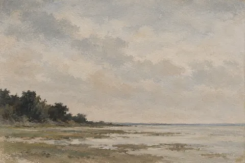 A shallow inlet at low water in stone, gray, sand, olive; landscape artwork.