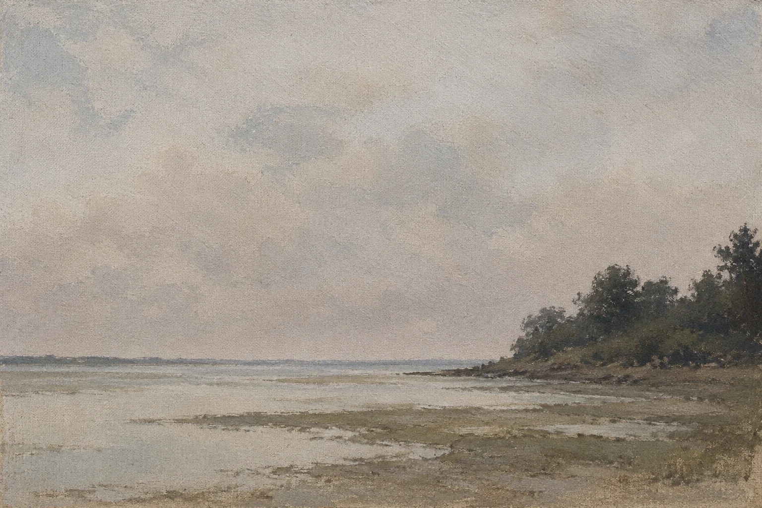 A shallow inlet at low water in stone, sand, taupe, brown; landscape artwork.