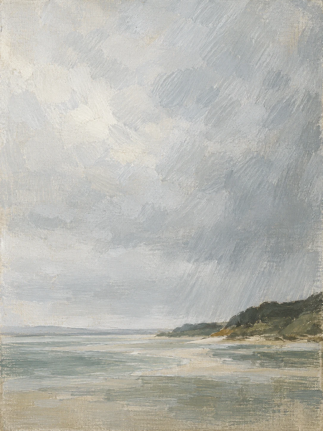 Rain moving across an estuary in stone, cream, gray; portrait artwork.
