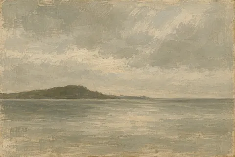 The horizon reduced to three tonal bands in sand, sage, stone, taupe; landscape artwork.