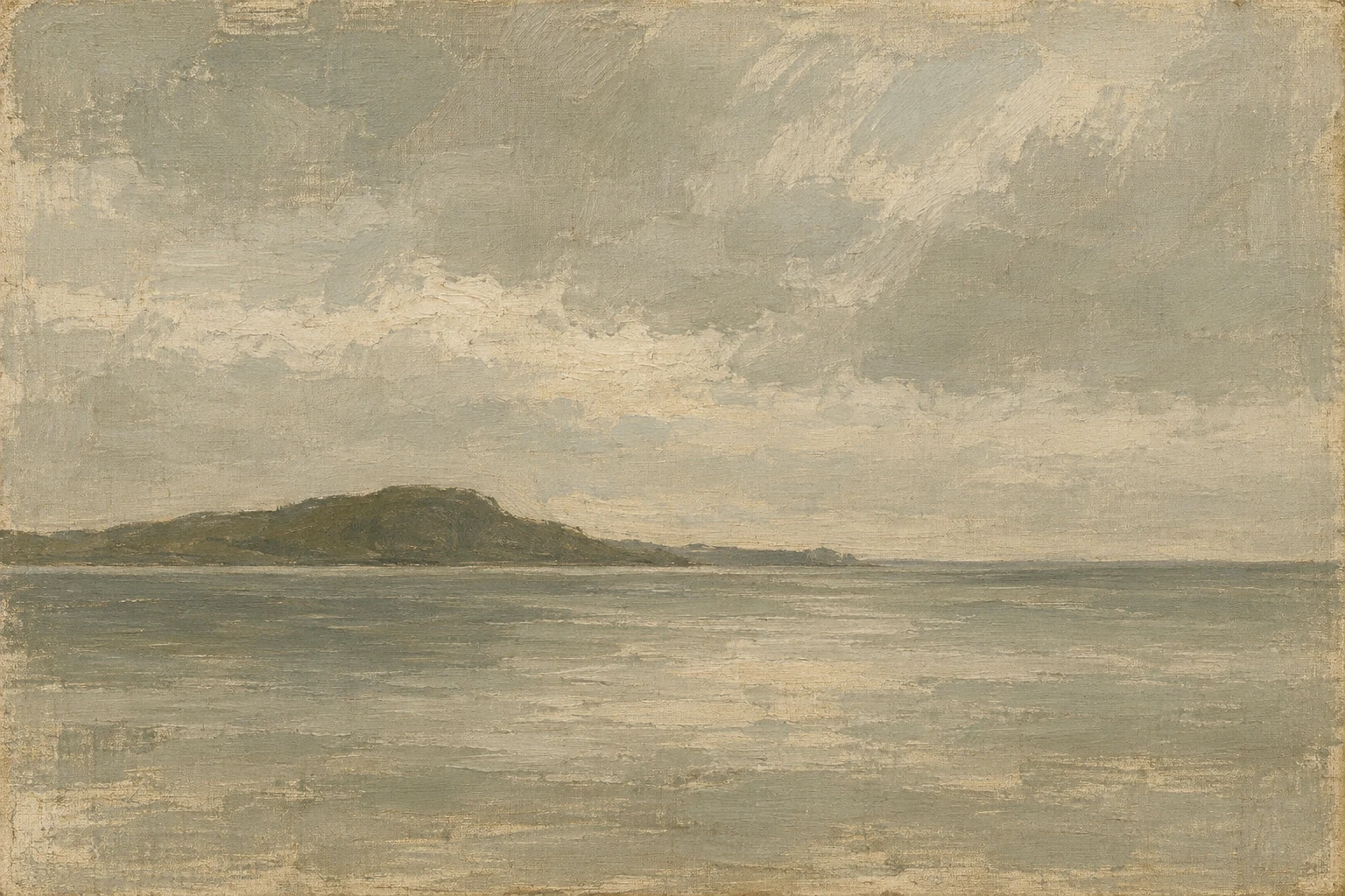 The horizon reduced to three tonal bands in sand, sage, stone, taupe; landscape artwork.