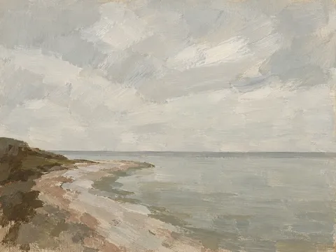 A shingle spit running out into flat water in stone, gray, cream, sand; landscape artwork.