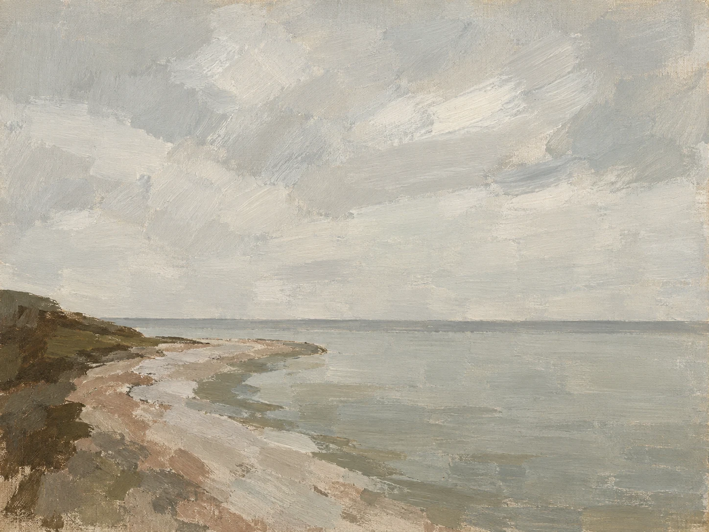 A shingle spit running out into flat water in stone, gray, cream, sand; landscape artwork.