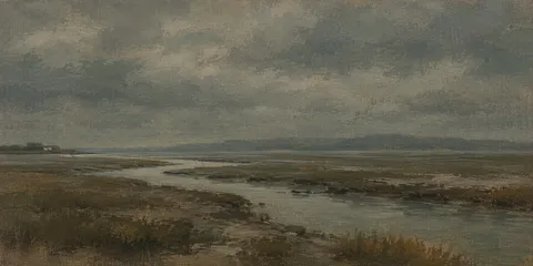 A salt creek winding through mudflats in charcoal, gray, brown, taupe; panoramic artwork.